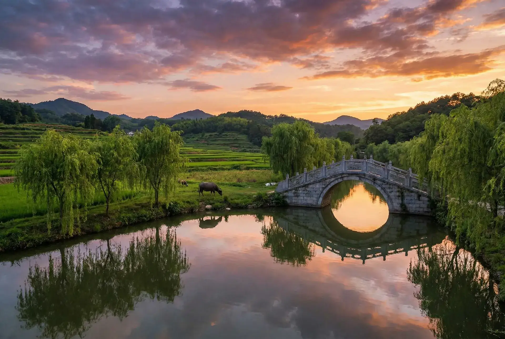夕阳下的石拱桥与垂柳，水牛在河边吃草 - 好色先生免费下载 乡村美景